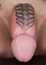 In this solo scene, brunette tgirl Viviana Rose shows off her hot tattooed body with big boobs, and strokes her monster cock