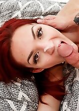 Watch redhead tgirl Tori Easton sucking and riding Steve's big cock until he cums all over her face! Enjoy this bareback hardcore action!